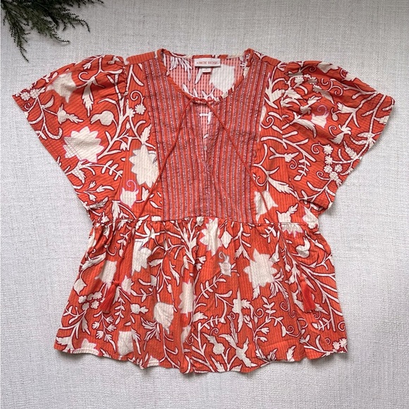 Knox Rose Orange Floral Flutter Sleeve Top - Picture 2 of 4
